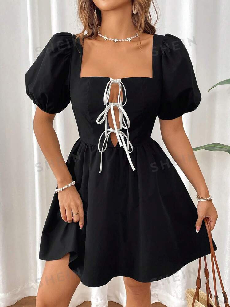 SHEIN VCAY Solid Color Square Neck Tied Front Puff Sleeve Mini Dress For Date Night | SHEIN