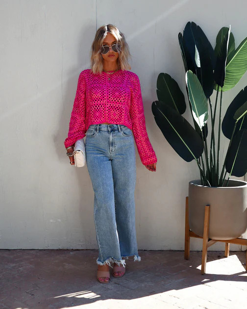 Elisa Knit Crochet Long Sleeve Top - Pink | VICI