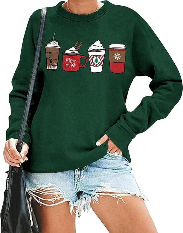 Christmas Sweatshirt Women Merry and Bright Christmas Shirt Funny Cute Ice Cream Graphic Tee Xmas... | Amazon (US)