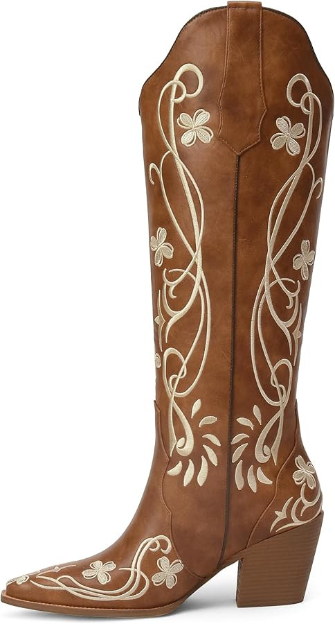 iiimmu Cowgirl Boots Women Knee High Vintage Cowboy Boots with Floral Embroidered Classic Pull On... | Amazon (US)