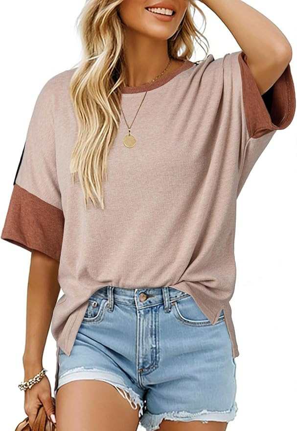 Dokotoo Womens Tops Oversized Trendy Shirts 2026 Summer Color Block Crewneck Business Casual Wome... | Amazon (US)