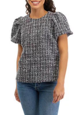 Crown & Ivy Women's Petite Tweed Puff Sleeve Woven Top, Navy Blue, PS | Belk