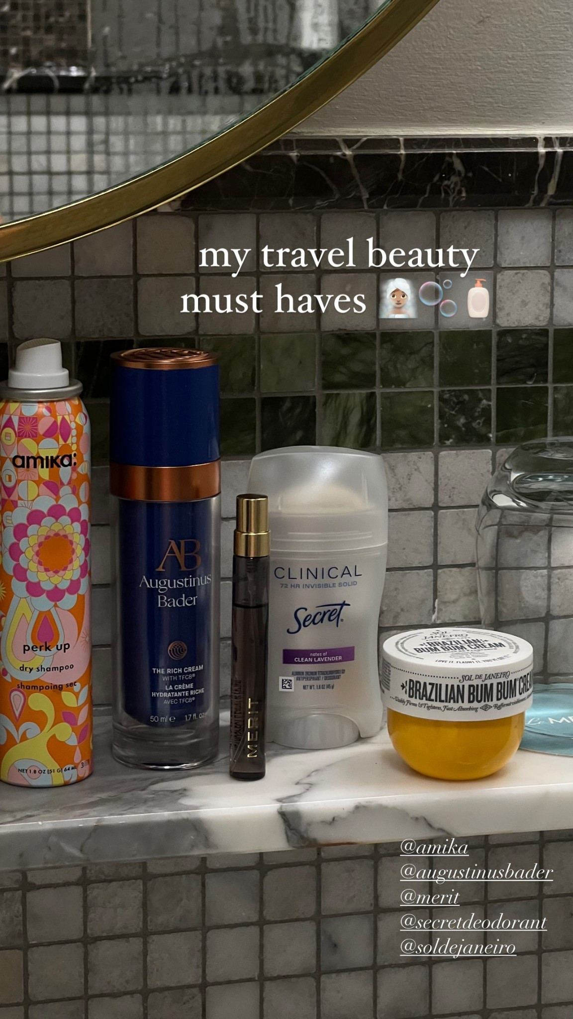 my travel beauty 
must haves 🧖🏽‍♀️🫧🧴 @amika 
@augustinusbader 
@merit 
@secretdeodorant 
@soldejaneiro

#LTKTravel #LTKBeauty