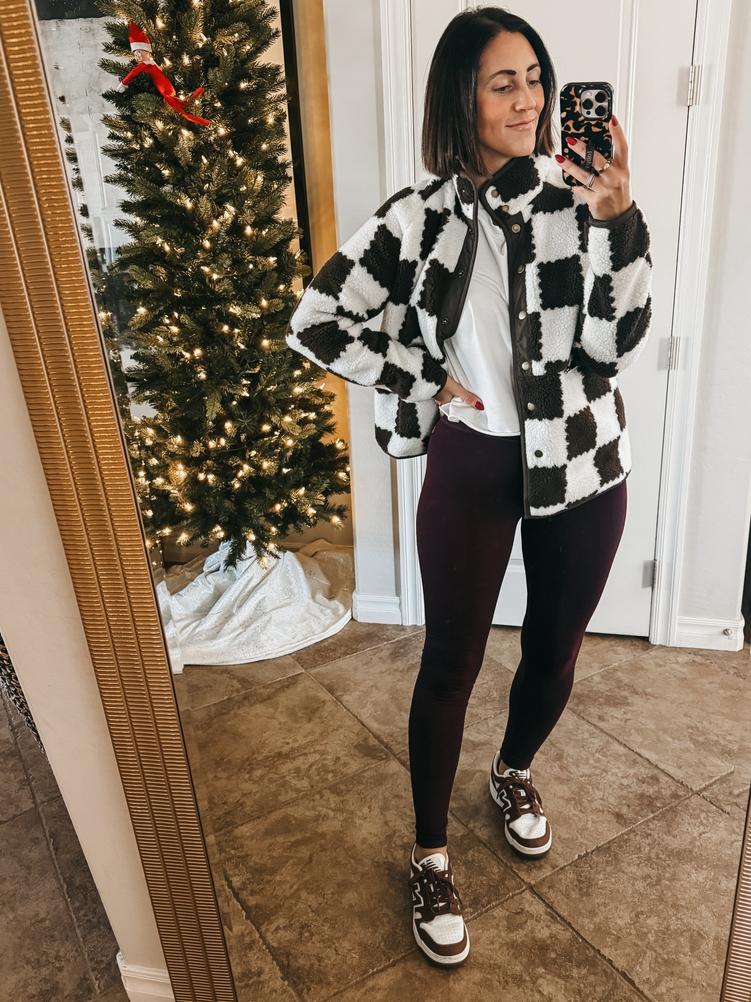 Easy casual winter style! 

Brown & white Checkered jacket is super cute & a fave! wearing size small 
cropped boxy tee - size small

#LTKFindsUnder50 #LTKSaleAlert #LTKOver40