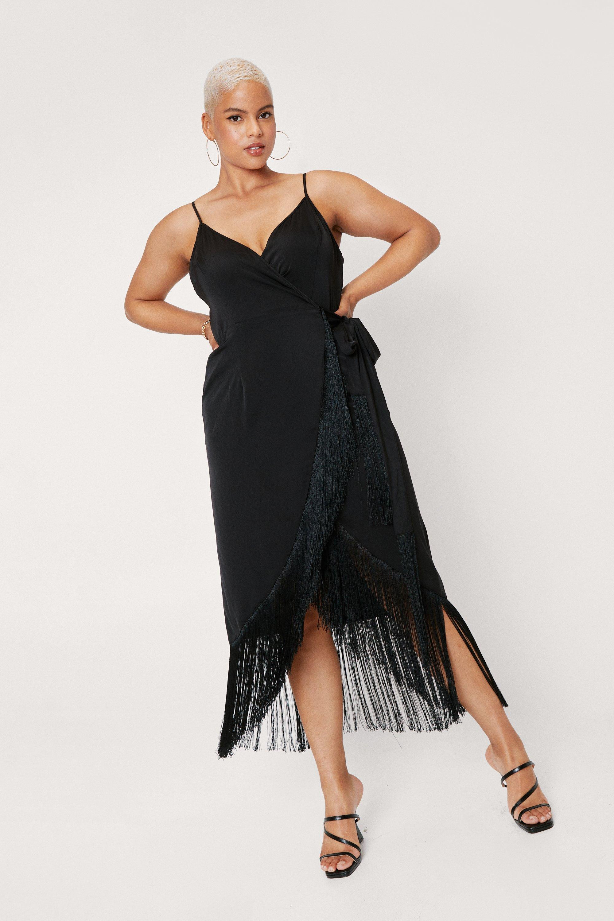 Womens Plus Size Fringe Trim Satin Wrap Midi Dress - Black - 16 | Nasty Gal (US)