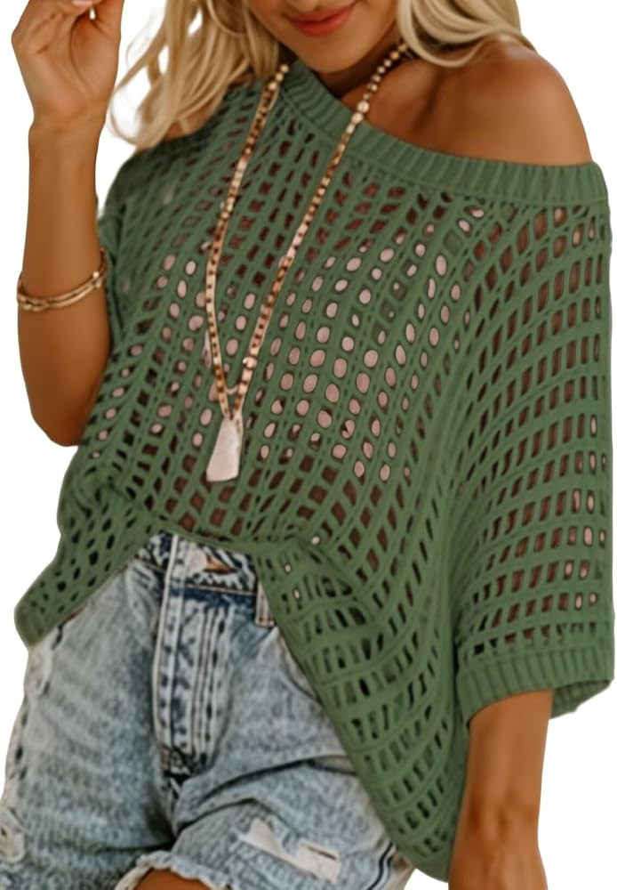 Dokotoo Womens Summer Scoop Neck Short Sleeve Sweater Casual Crochet Hollow Out Knit Tops Pullove... | Amazon (US)
