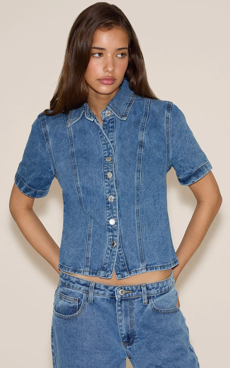 PrettyLittleThing Mid Blue Wash Short Sleeve Fitted Denim Shirt | Boohoo USA | boohoo (US & Canada)