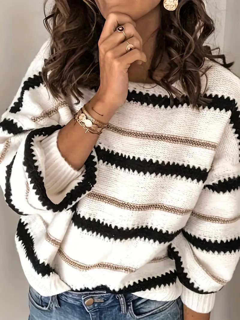 Striped Pattern Crew Neck Knitted Top Casual Long Sleeve - Temu | Temu Affiliate Program