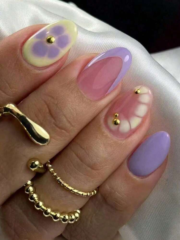 24pcs Oval French Manicure Nail Stickers, Floral & Glitter Design, Perfect For Acrylic Nail Tips, Includes 1pc Jelly Gel And 1pc Nail File, Suitable For Women And Girls In Summer, Nail Art Supplies | SHEIN