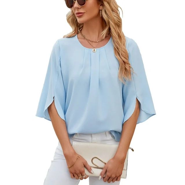XCHQRTI Womens Chiffon Blouse Ruffle Shirts 3/4 Sleeve Tops Casual Elbow Sleeve Crewneck Tshirts | Walmart (US)