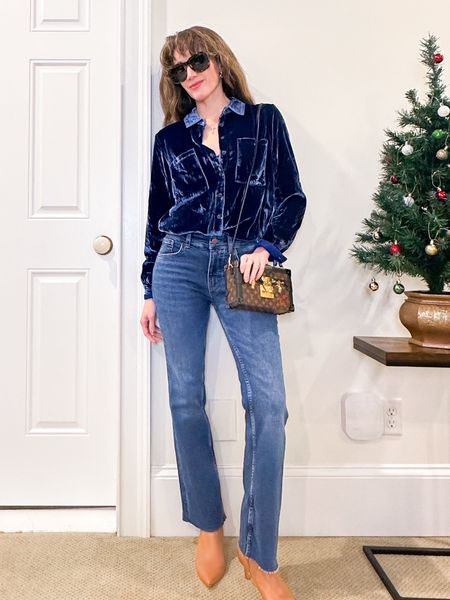 This velvet button is fantastic for so many occasions! ❤️ TTS this is an xs, the jeans are similar to mother flare straight but about $100 less! 

#LTKfindsunder100 #LTKstyletip #LTKworkwear