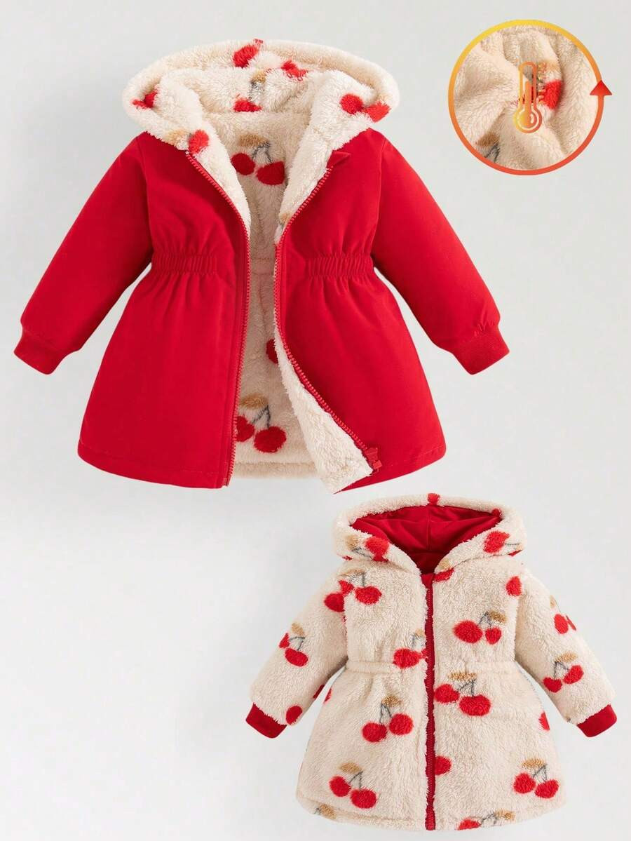 SHEIN Playful Pals 1pc Baby Girls Winter New Jacket, Cherry Thermal Lined, Thick, Casual, Dropped... | SHEIN