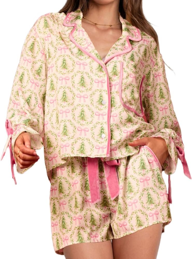 LILTWIST Christmas Bow Tie Pajamas for women Cute Silk Satin 2 Piece Xmas Pjs Long Sleeve Shirts ... | Amazon (US)