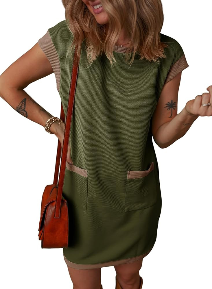 Dokotoo Vestidos casuales de verano para mujer, manga casquillo, bloque de color, cuello redondo,... | Amazon (US)