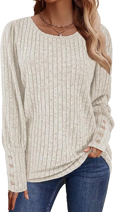 Lylinan Womens Ribbed Knit Long Sleeve Tops Casual Button Cuff Pullover Sweaters Blouses S-XXL | Amazon (US)
