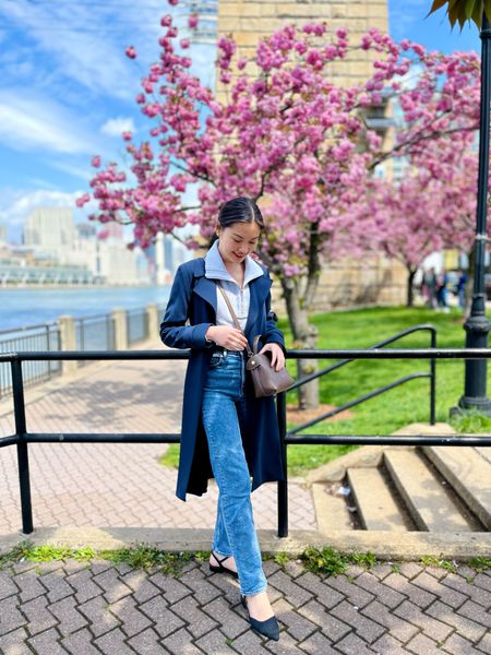 Spring outfit - soft navy crepe trench coat (S), runs a little small along the shoulders. Style is belted and can be dressed up or down.

Slim Jeans: wearing 25. These are a great in-between for straight and skinny cut jeans. 

Zip-Up: use code VIANNAC for 15% off your purchase. Wearing S. 

Mary Janes: Wearing 7.5 (sized down half step). Knitted material with 1” heel height, which is perfect for walking and more elevated than your usual flats. 

#LTKstyletip #LTKworkwear #LTKSeasonal