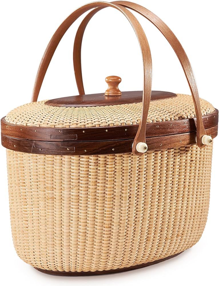 Teng Tian Nantucket Style Basket Picnic Basket Rattan Handmade Products Woven Sewing Storage Basket Two Swing Handles Tote Bag for Women | Amazon (US)