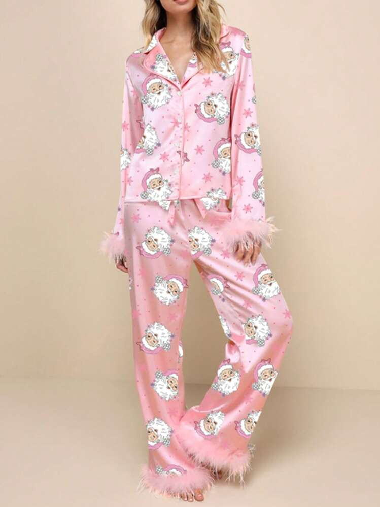 Women Christmas Feather Trim Satin Silk Rodeo Pajamas Set Western Pjs Cute Santa Claus Snowfake Western Cowgirl Cowboy Boots Print Fur Feather Trim Long Sleeve Button Down Shirts Tops And Wide Leg Pants Sets Fall Winter Sleep Loungewear | SHEIN