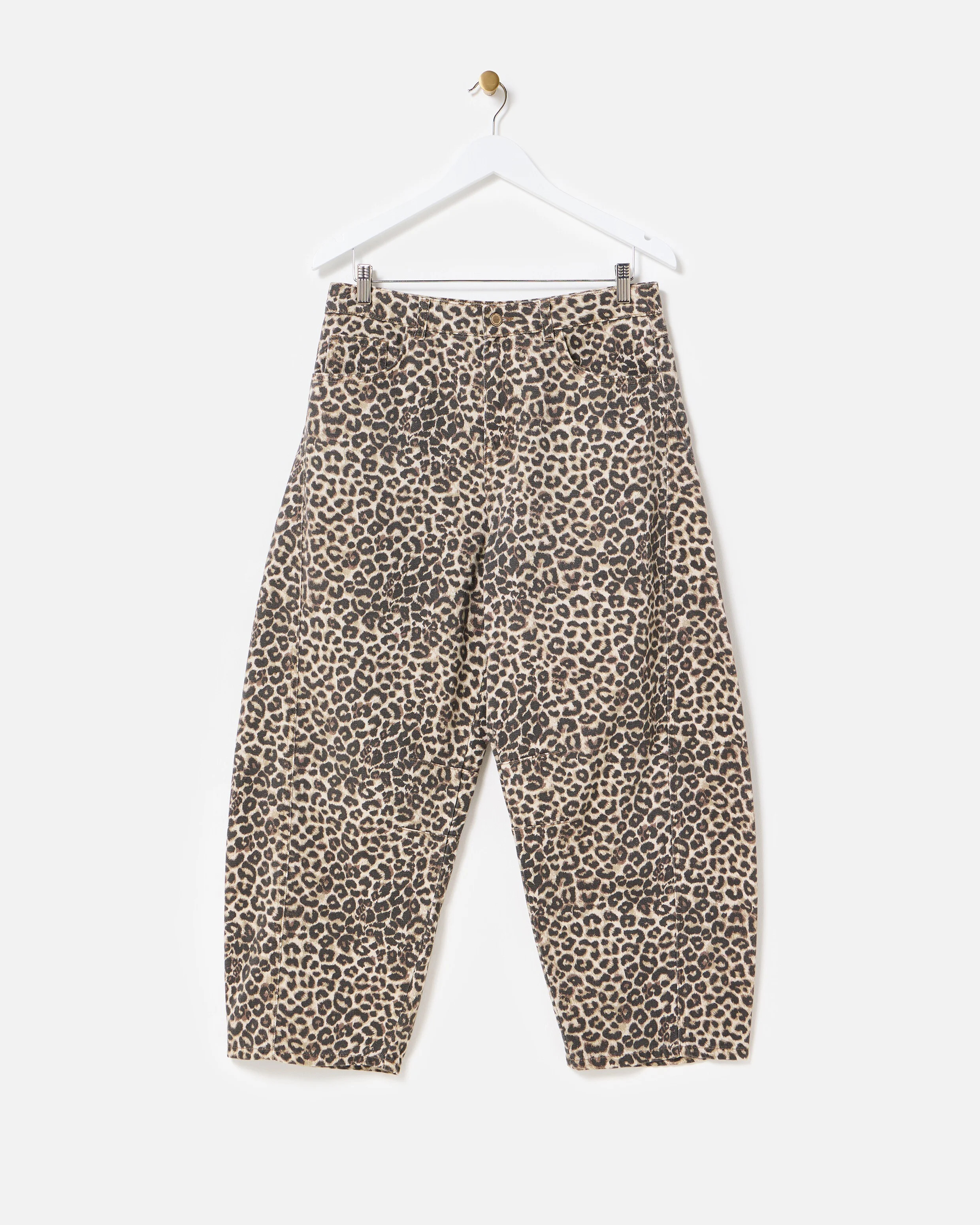 Brown Leopard Print Barrel Leg Jeans, size 18 | Oliver Bonas (Global)