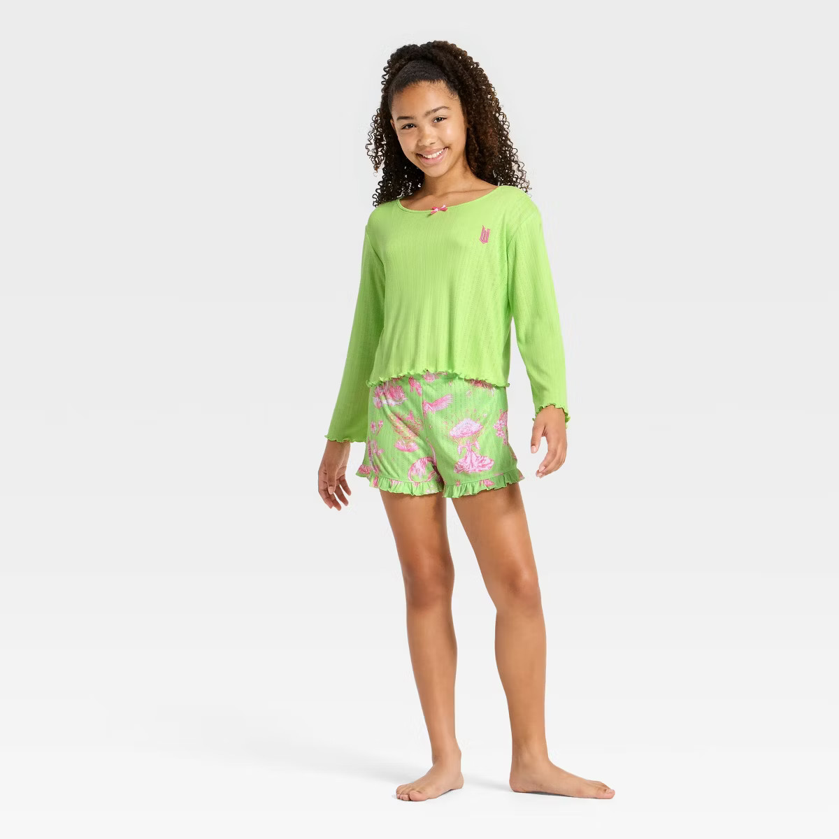 Girls' Wicked x Katie Kime 2pc Long Sleeve Top and Pointelle Pajama Set - Green | Target