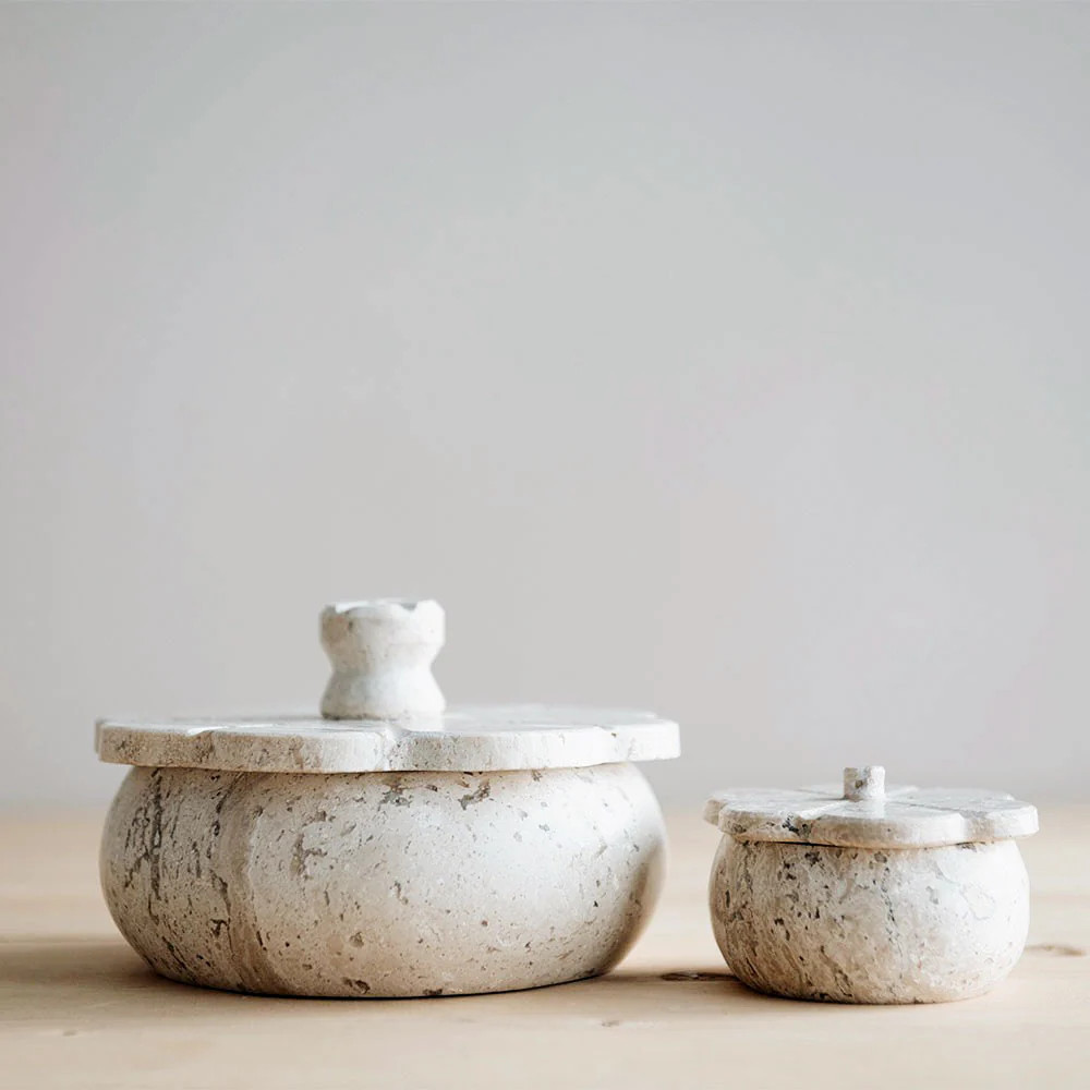Lidded Travertine Petal Box | Roan Iris