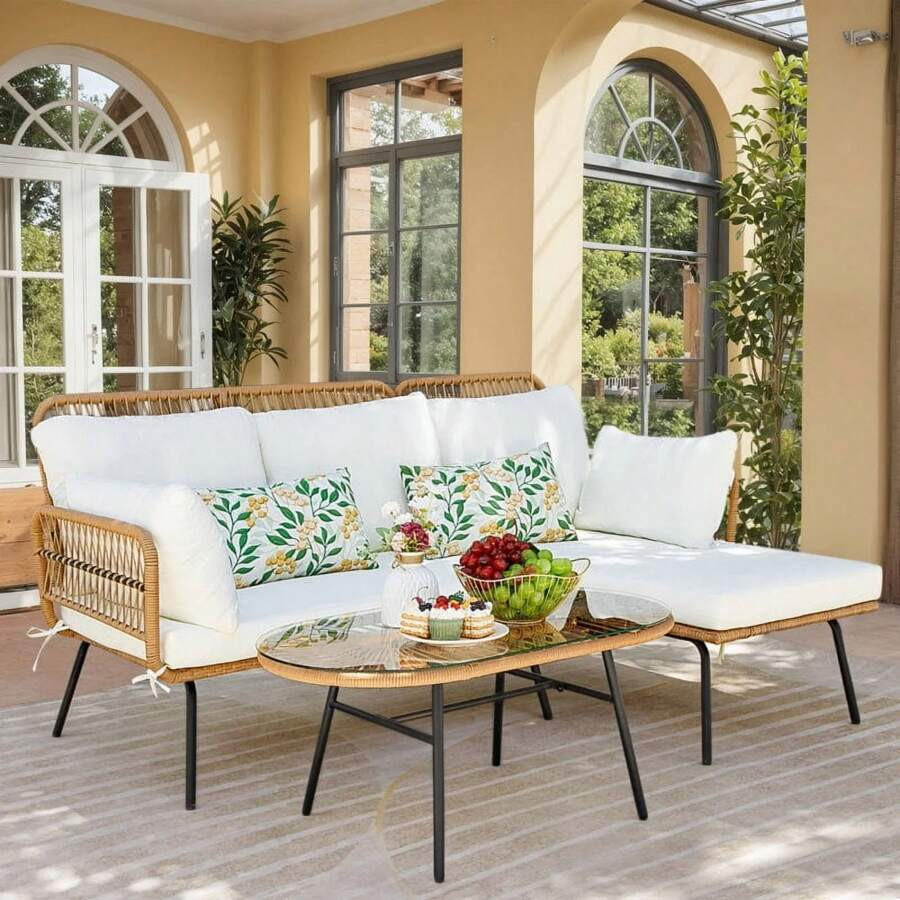 SHEIN X Heather Rae Outdoor Patio Rattan Furniture Set 3-Piece Conversation Set With Cushions & T... | SHEIN