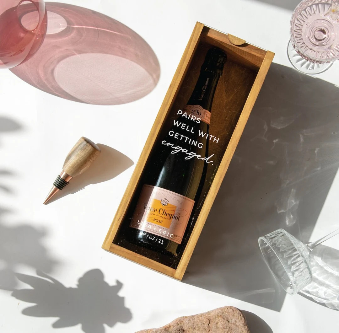 Engagement Gift for Couple, Personalized Engagement Wine Bottle Box, Custom Champagne Box, Wooden... | Etsy (US)