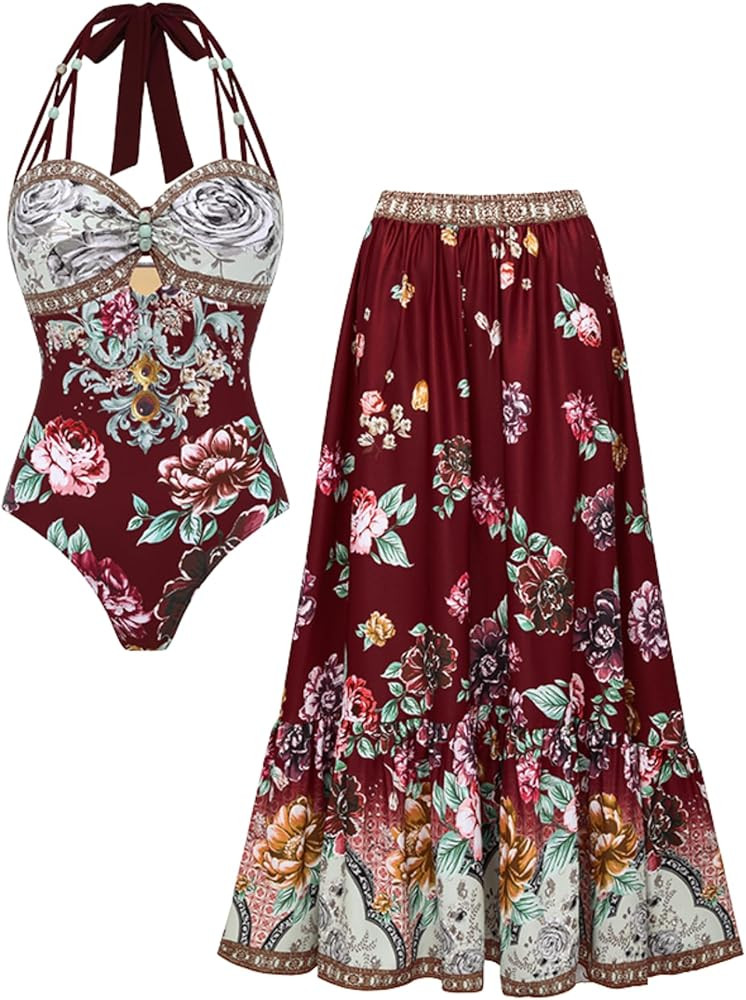 FLAXMAKER Women's Peony Print Halter Neck Swimsuit with Tie-Side and Skirt/Shorts | Amazon (US)