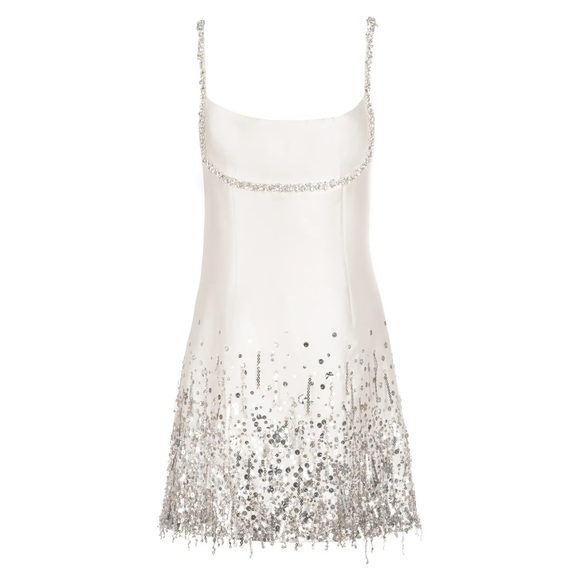 Stella Dress in Ivory Silk Wool with Silver Fringe | Over The Moon
