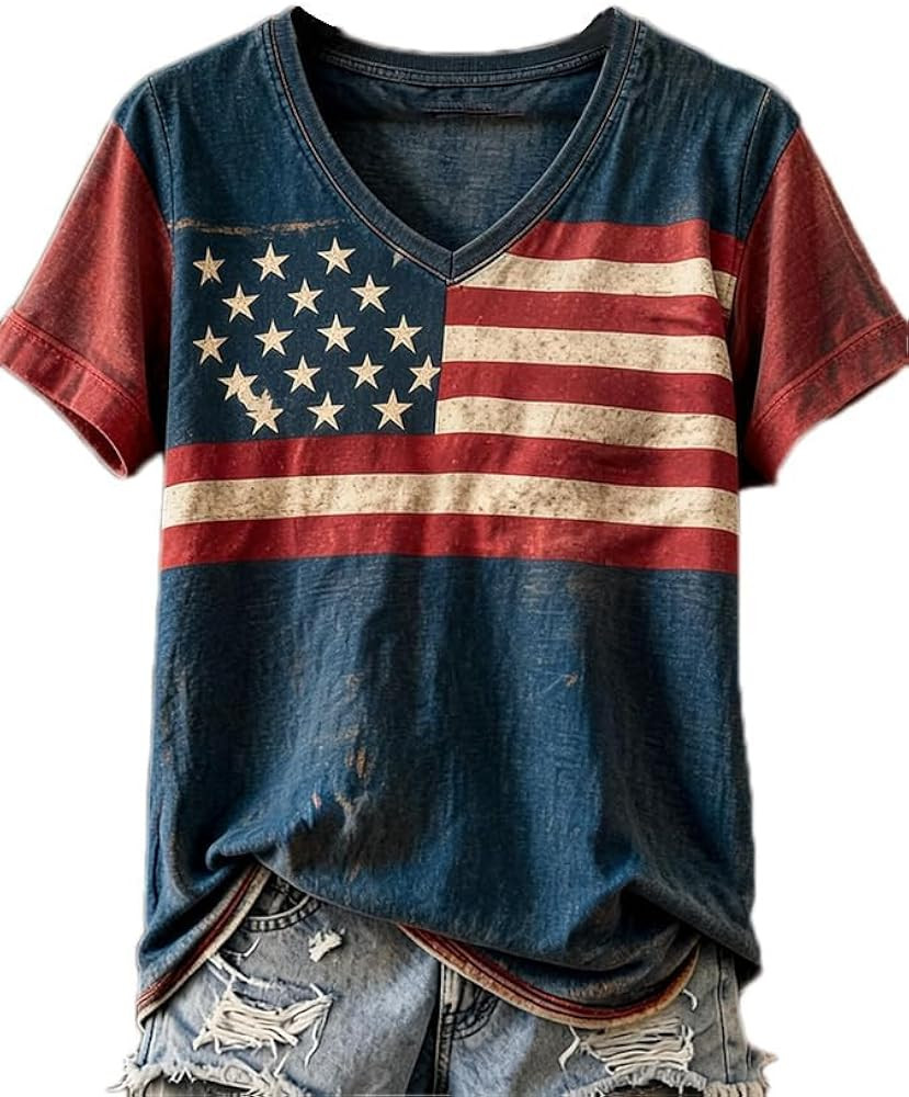 Women's Vintage American Flag V-Neck T-Shirt, US 250th Anniversary Patriotic Linen Casual Tee | Amazon (US)