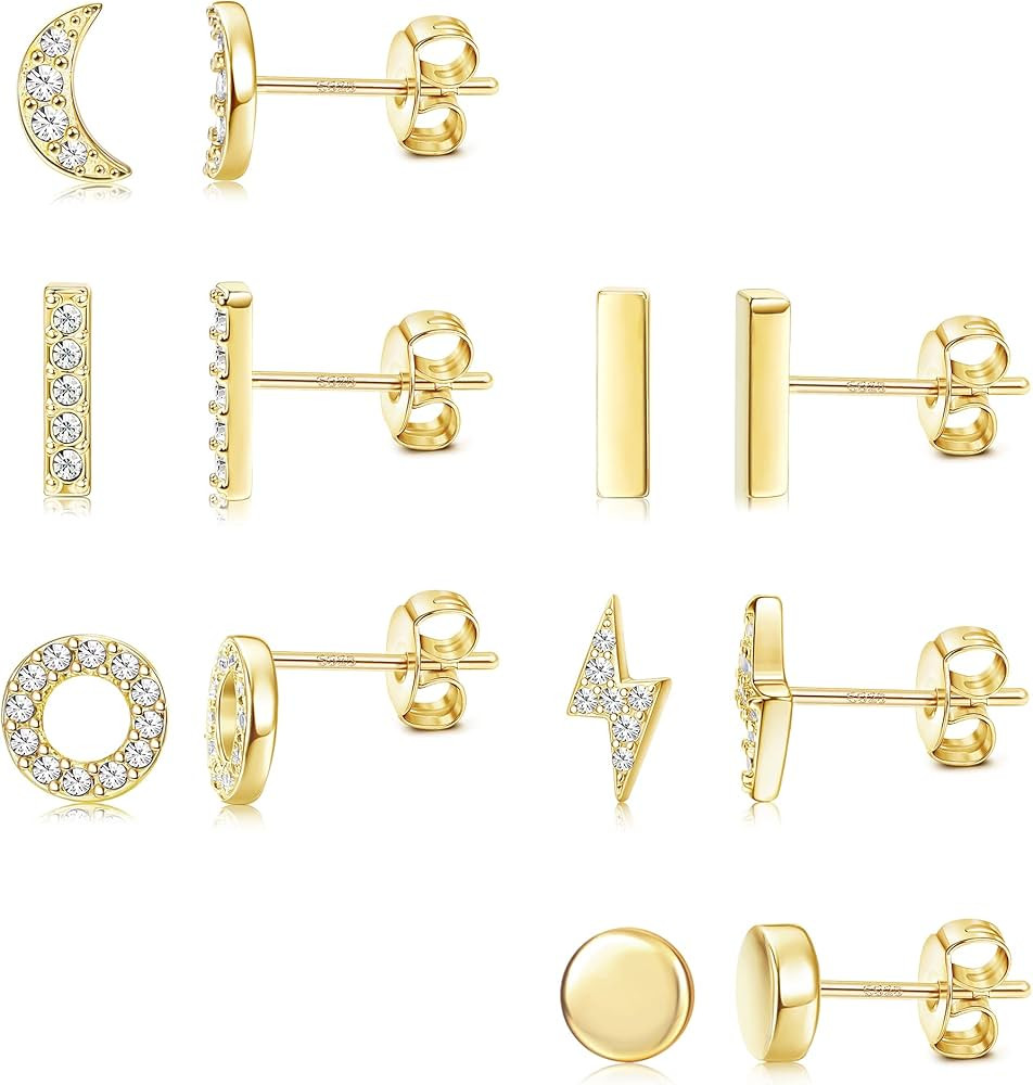 Hayoso 6 Pairs Sterling Silver Stud Earrings Hypoallergenic Earrings Stud Bar Circle CZ Stud Earr... | Amazon (US)