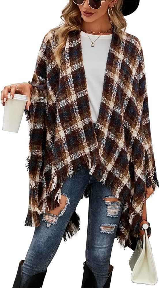 Women Buffalo Plaid Blanket Poncho Plus Size Fleece Kimono Sweaters Knit Fringe Shawl Wraps Warm Cap | Amazon (US)