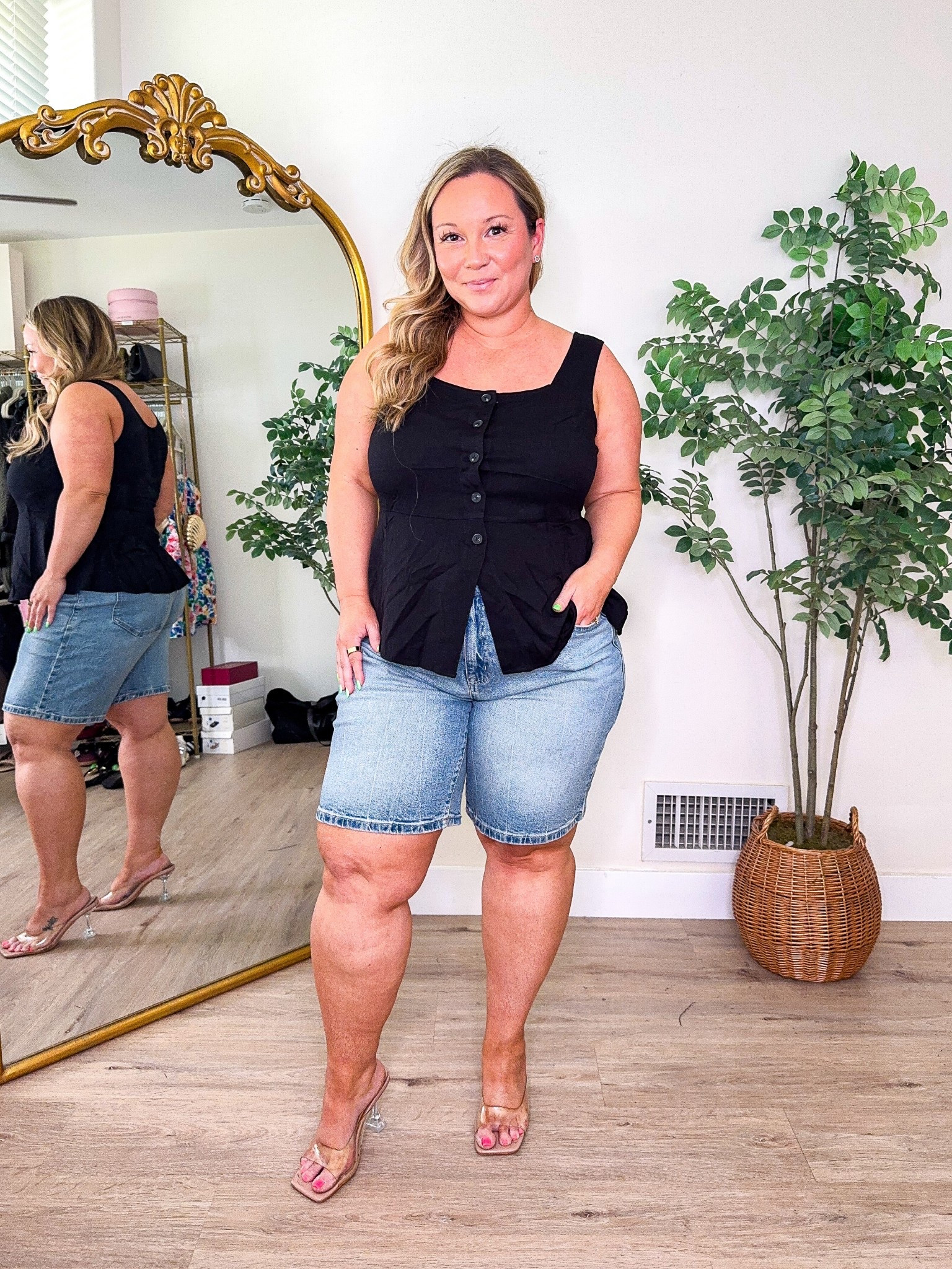 Torrid spring outfit 
Baggy denim jorts, but they fit the curves so well! I’m blown away by these! They fit incredibly and don’t make me feel frumpy! Size 10/00
Button down tank is so lightweight and comfy! Size 10/00

Spring style, midsize style, try on, shorts, jeans, denim shorts, spring trends, spring outfit, Torrid

#LTKMidsize #LTKPetite #LTKSeasonal