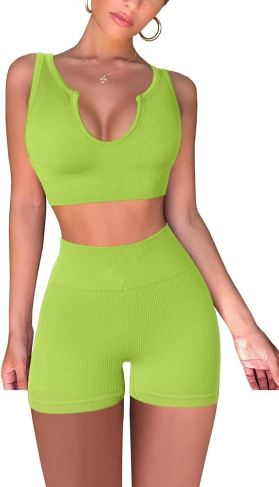 FAFOFA Seamless Workout Sets for Women Ribbed Sport Bra High Waist Running Shorts Gym 2 Piece Yog... | Amazon (US)