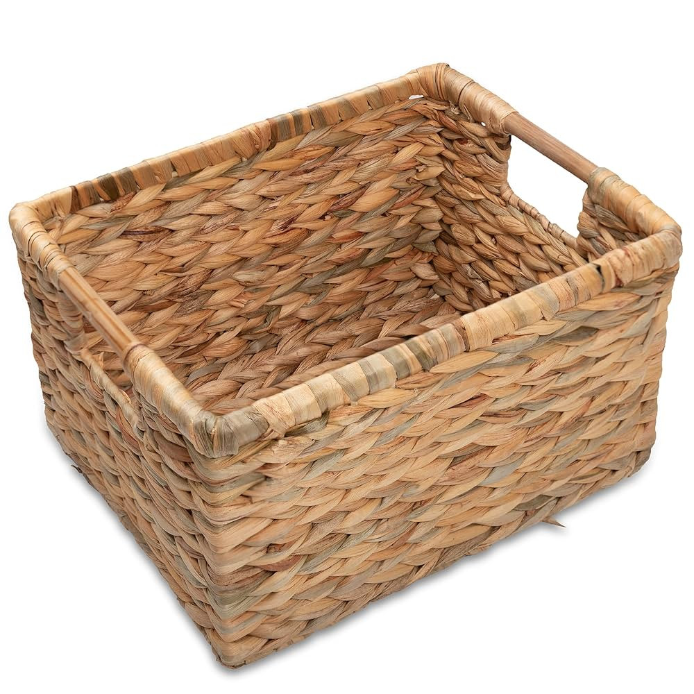 VATIMA Large Rectangular Wicker Basket with Wooden Handles for Shelves and Storage - Natural Wate... | Amazon (US)