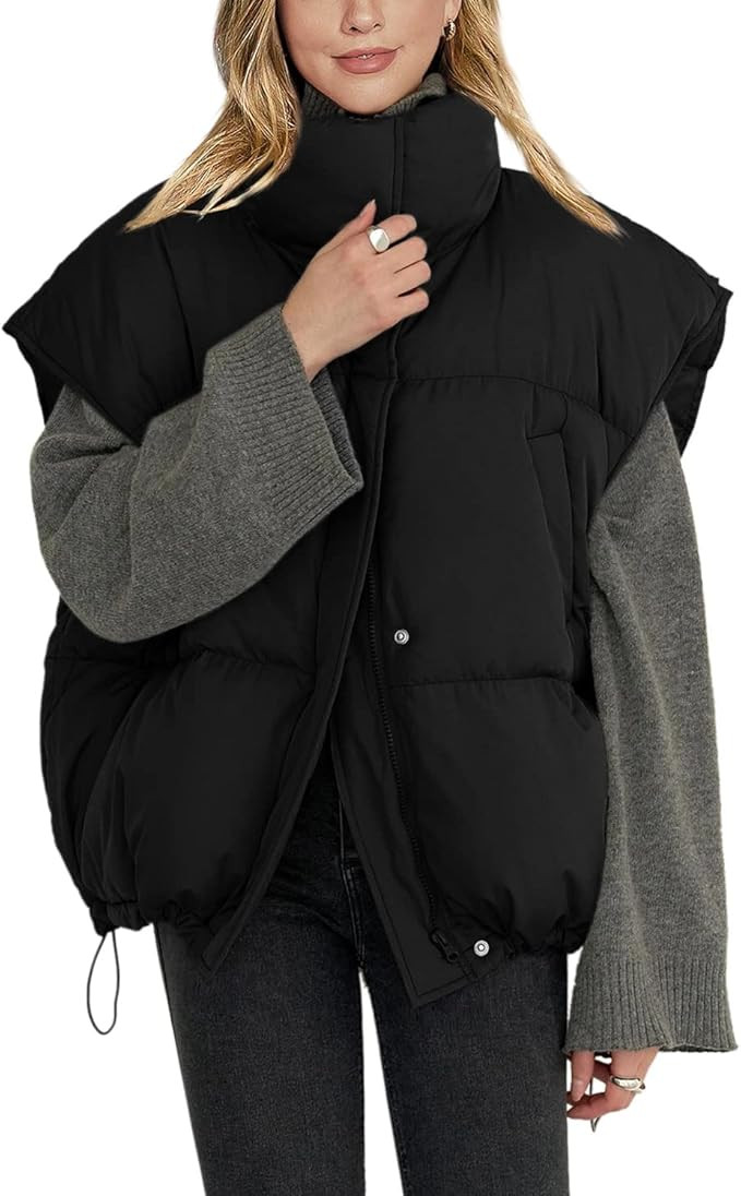 Veatzaer Womens Sleeveless Zip Puffer Vest Drawstrig Hem Oversized Stand Collar Warm Winter Coats | Amazon (US)