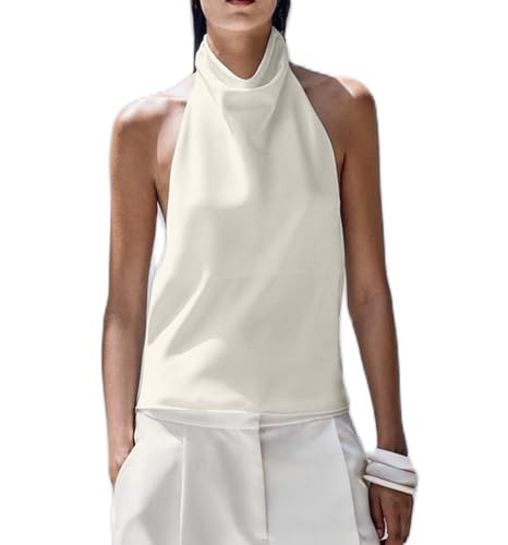 Satin Halter Neck Tops for Women Sleeveless High Neck Open Back Tank Tops Summer Sexy Going Out Top(Backless Apricot,S) | Amazon (US)