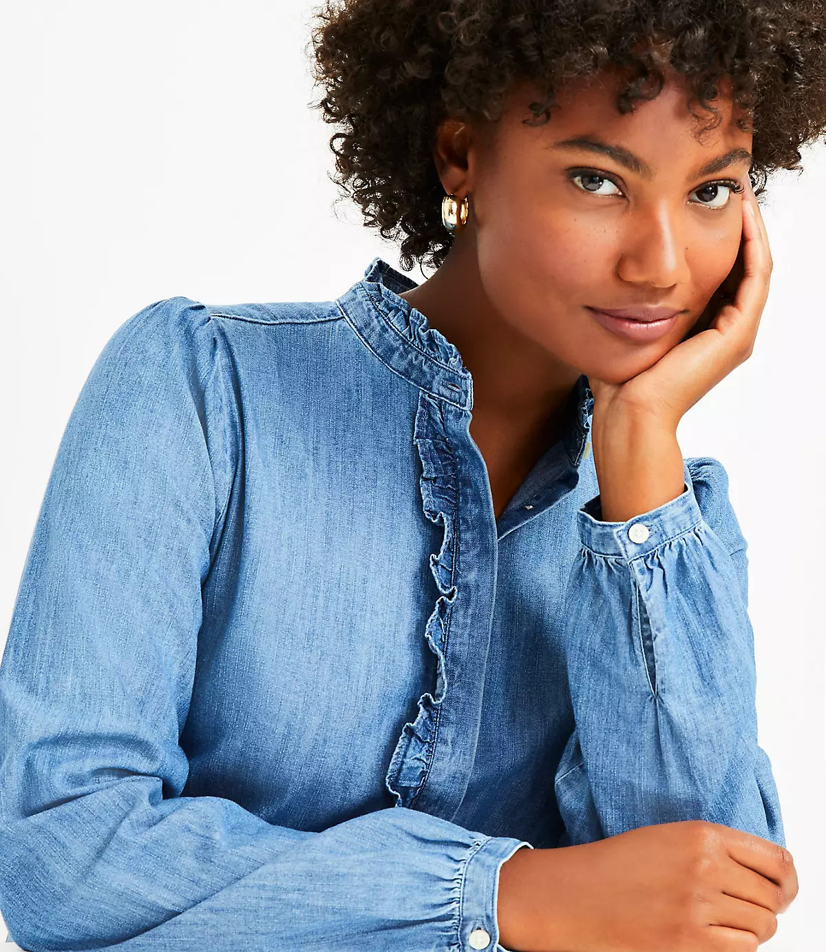 Chambray Ruffle Shirt | LOFT