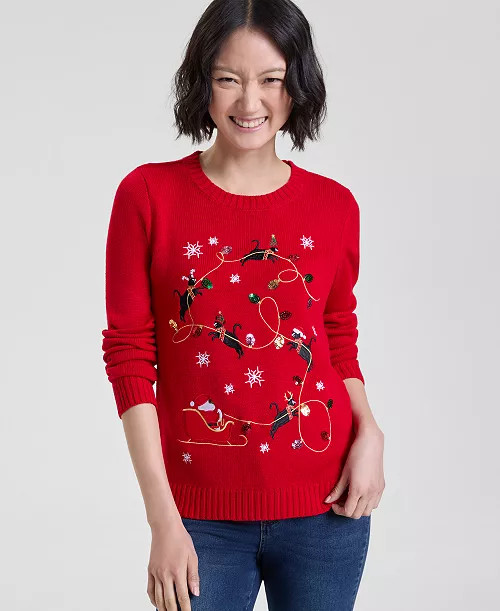 Holiday Lane Women's Kitten Sleigh Crewneck Sweater, PXS-XXL, Created for Macy's - Macy's | Macy's