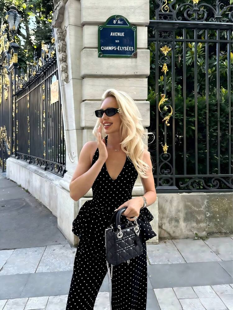 2pcs/Set Polka Dot Elegant Backless Women Outfit, Suitable For Vacation And Daily Wear Black Summ... | SHEIN