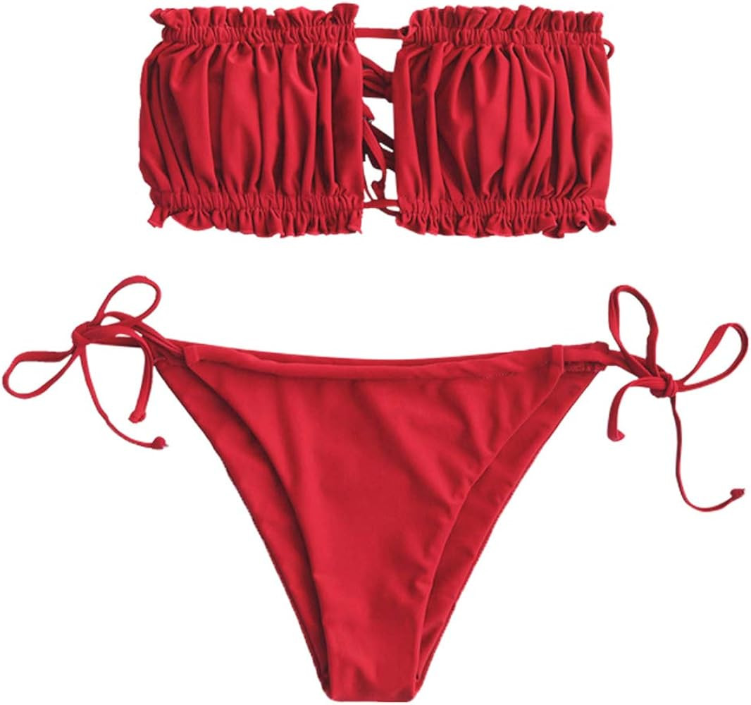 ZAFUL Women's Strapless Ribbed Tie Back Ruffle Cutout Bandeau Bikini Set Swimsuit | Amazon (US)