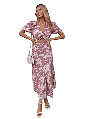 SweatyRocks Women's Boho Floral Puff Sleeve Cut Out Dress Tie Back A Line Midi Dresses Dusty Pink S | Amazon (US)