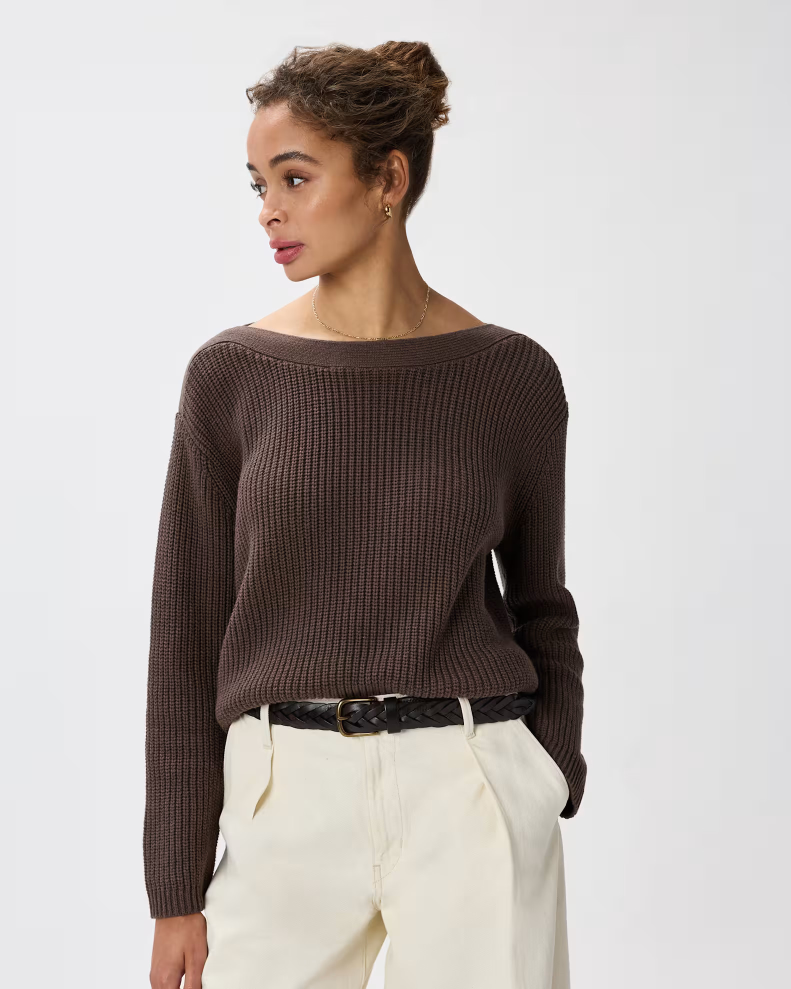 100% Organic Cotton Fisherman Boatneck Sweater in Heather Brown | Quince