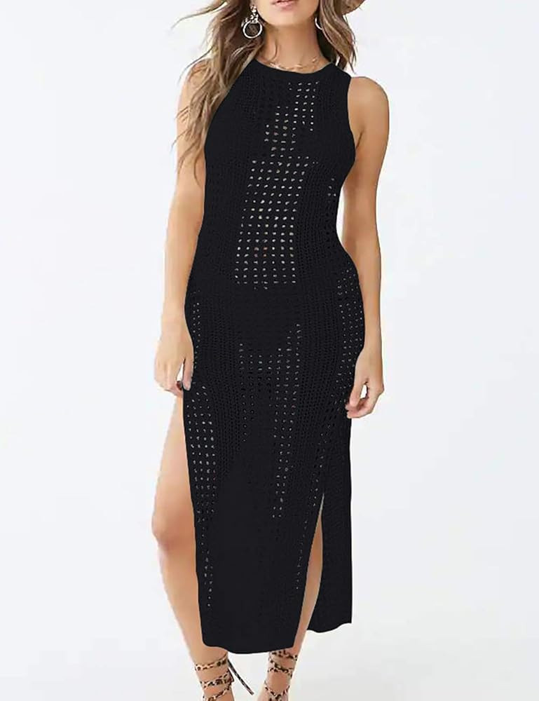 Bsubseach Crochet Cover Ups for Women Hollow Out Sleeveless Bikini Swimsuit Swimwear Side Split Long | Amazon (US)