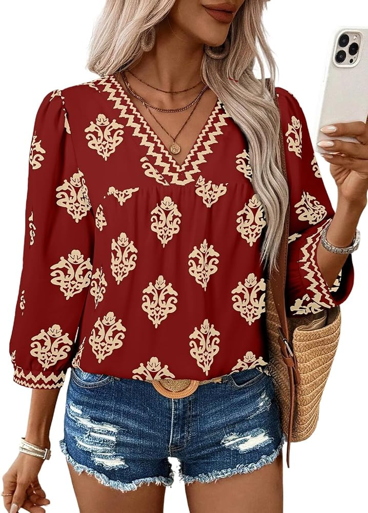 SHEWIN Women's Casual V Neck Floral Print Chiffon Blouses 3/4 Sleeve Boho Summer Tops Shirts | Amazon (US)