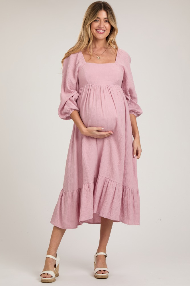 Pink Gauze Square Neck Long Sleeve Maternity Midi Dress | PinkBlush Maternity