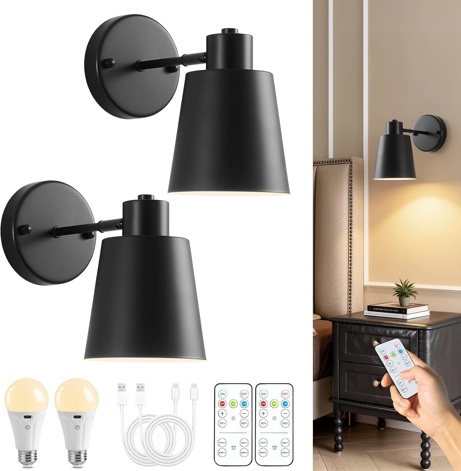Black Battery Operated Wall Sconces Set of Two with Remote, Rechargeable Sconce Battery Powered Wall Lights, 3 Color Temperature, Dimmable, Modern Wireless Wall Lamps for Bedroom Living Room Hallway | Amazon (US)