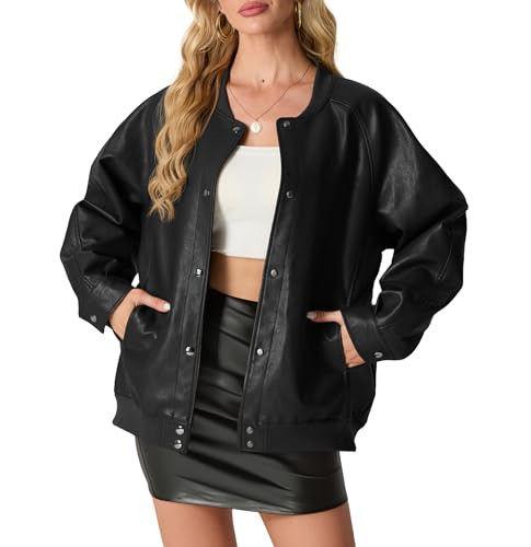 Oversized Leather Jacket Women Faux Leather Bomber Jacket for Womens Fall Fashion Plus Size Outfits | Amazon (US)