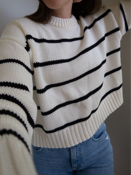 Chloe crewneck striped sweater for any spring outfit 〰️ TYLER15 saves always or enjoy 20% off through Sunday with RESET20. 

I have my usual size (xs) but would size UP for more of an intentional oversized fit. It’s boxy/slightly cropped (hits higher on the hips). 

#LTKFind #LTKsalealert #LTKstyletip