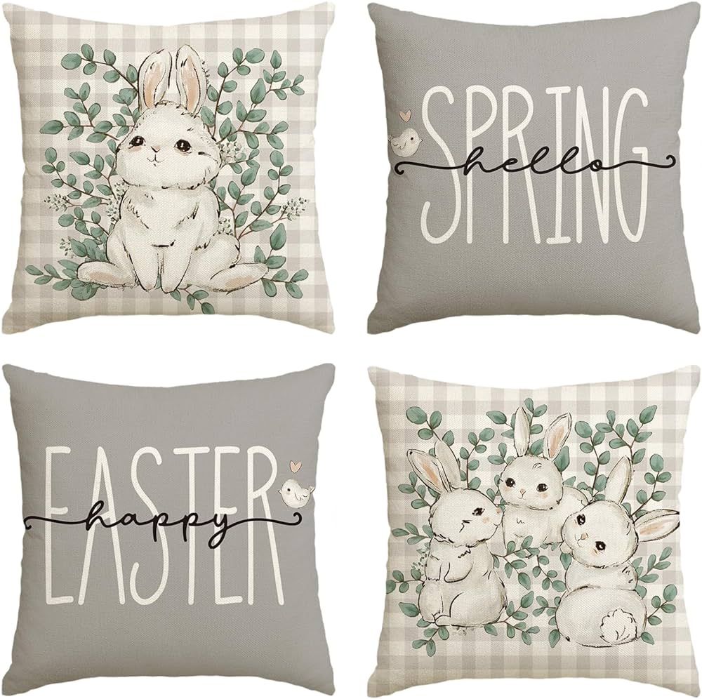 AVOIN colorlife Happy Easter Buffalo Plaid Rabbit Gray Throw Pillow Cover, 18 x 18 Inch Eucalyptu... | Amazon (US)